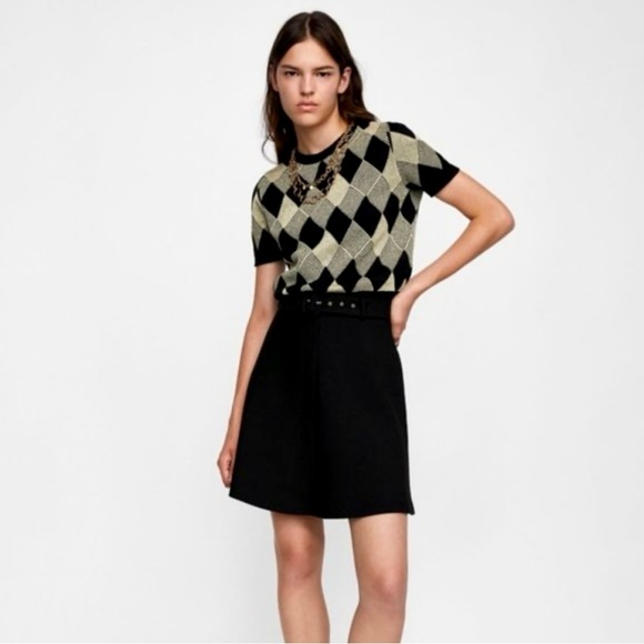 Zara Gold and Black Argyle Sweater, Size Medium - Picture 3 of 10
